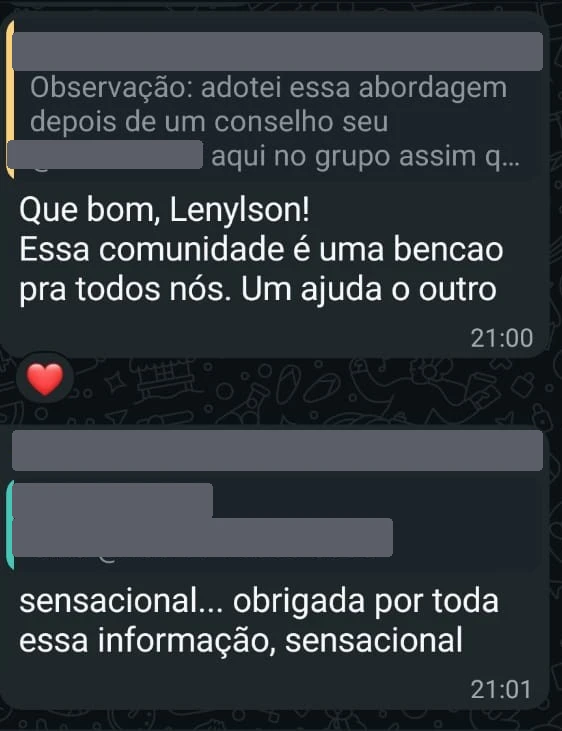 Print de mensagem trocada no grupo de WhatsApp da comunidade Emusys