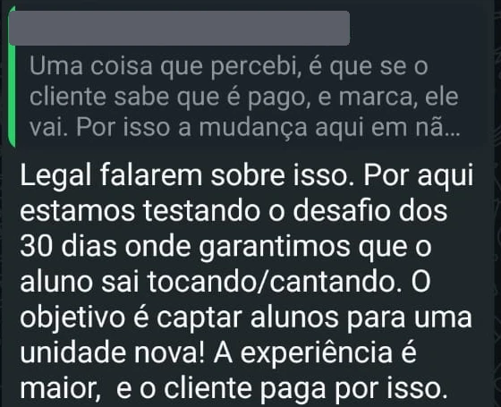 Print de mensagem trocada no grupo de WhatsApp da comunidade Emusys