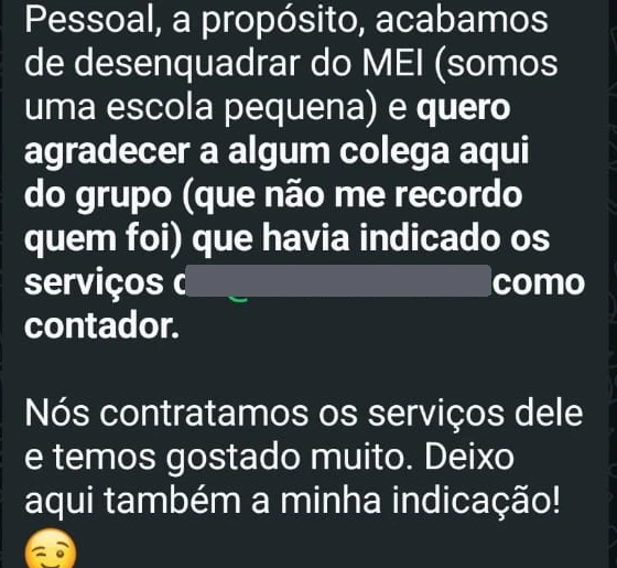 Print de mensagem trocada no grupo de WhatsApp da comunidade Emusys