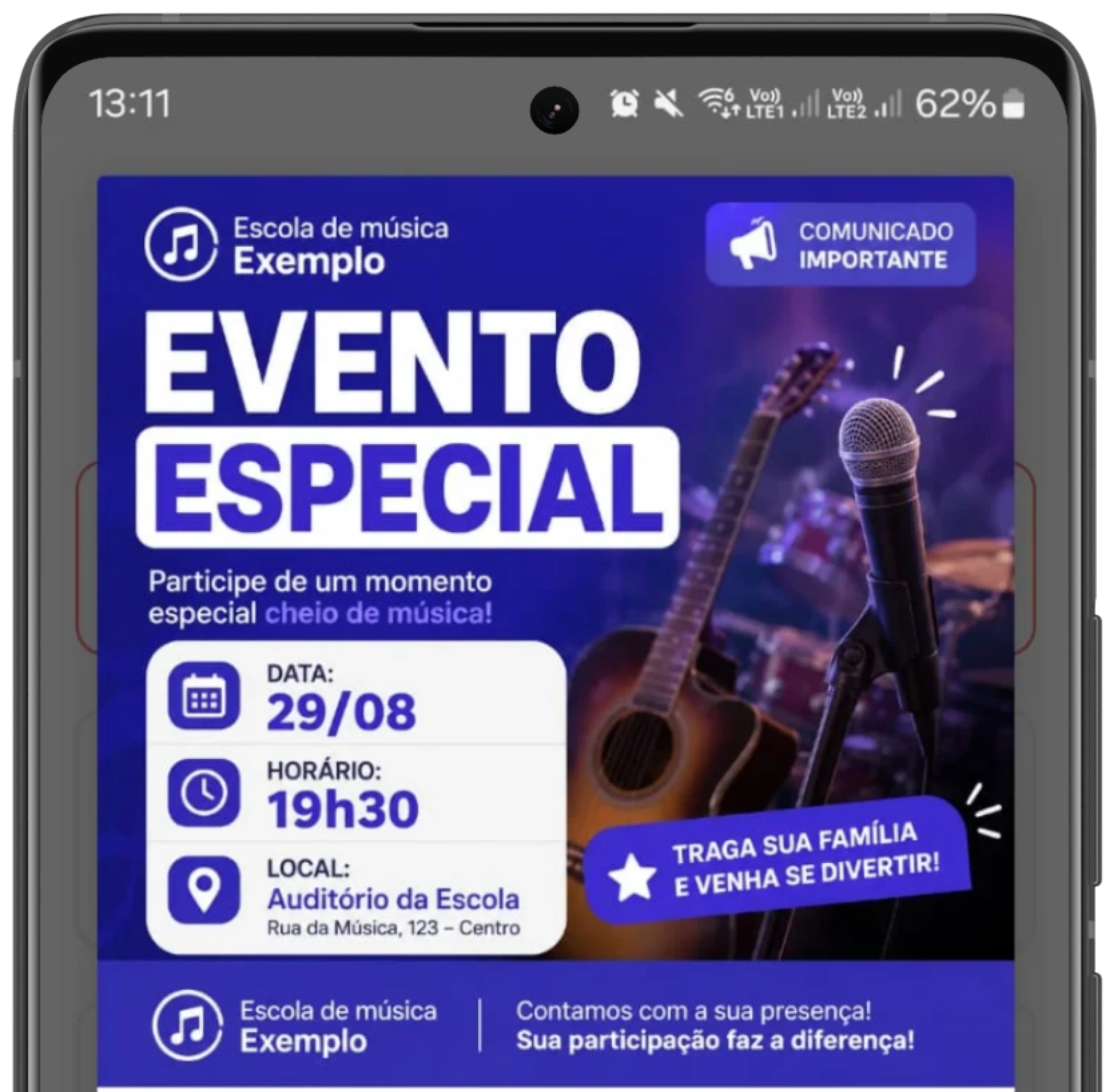 Comunicado importante enviado pela Emusys, exibido como notificação no celular do responsável