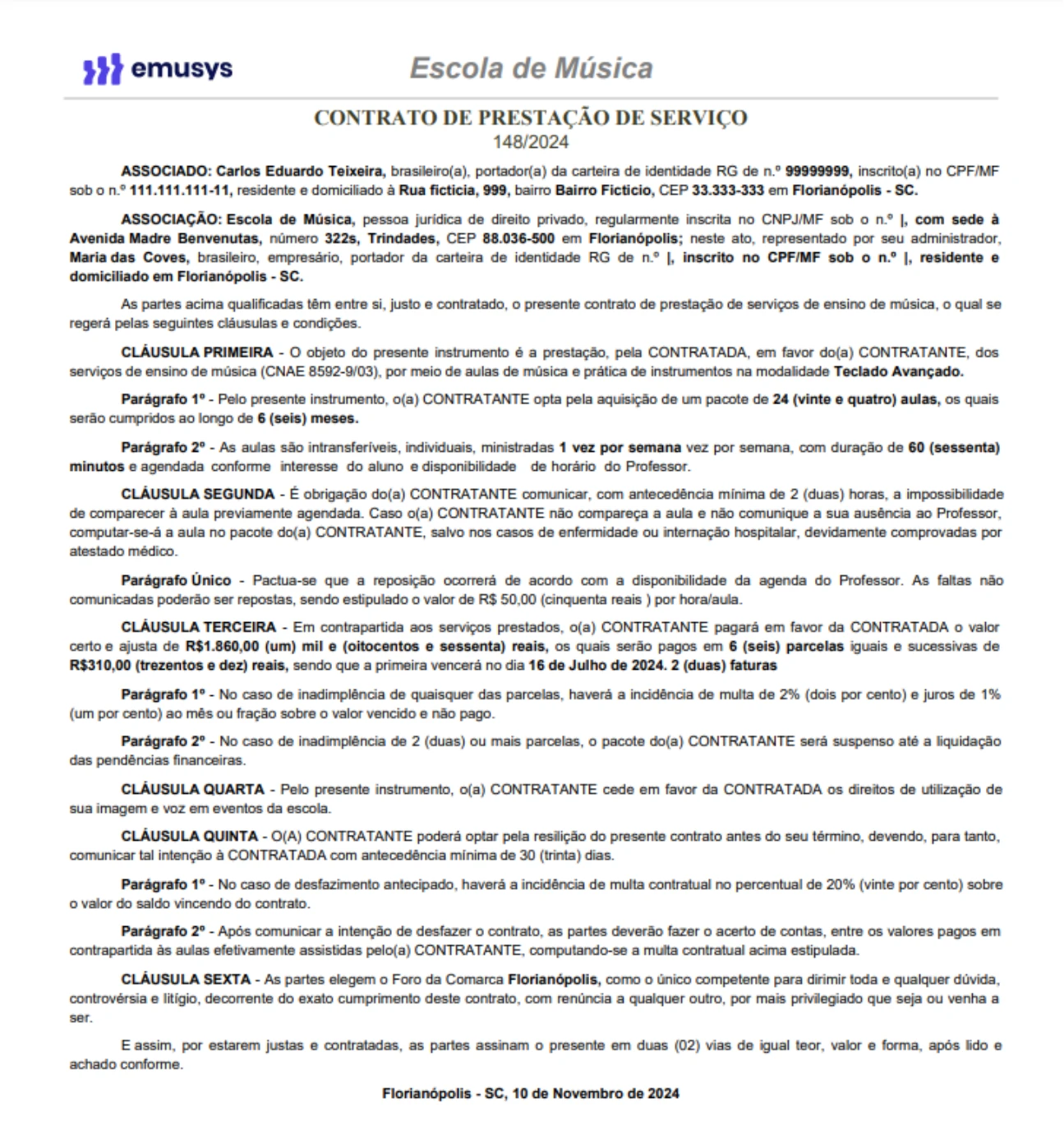Modelo de contrato de prestação de serviço preenchido automaticamente pela Emusys