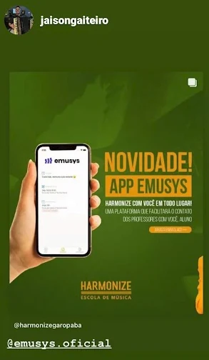Story de escola de música divulgando o app da Emusys para os alunos