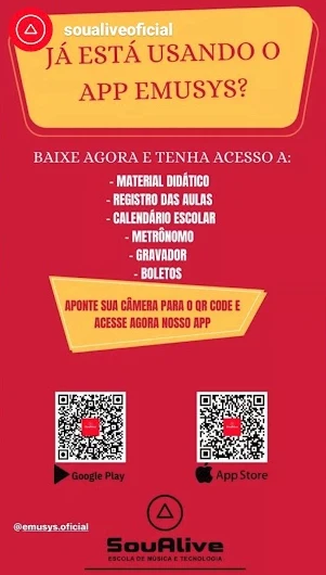 Story de escola de música divulgando o app da Emusys para os alunos