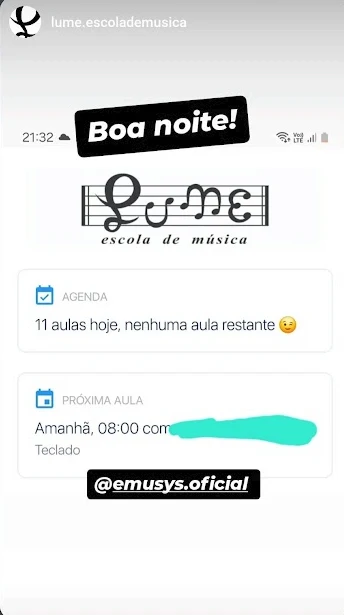 Story de escola de música divulgando o app da Emusys para os alunos