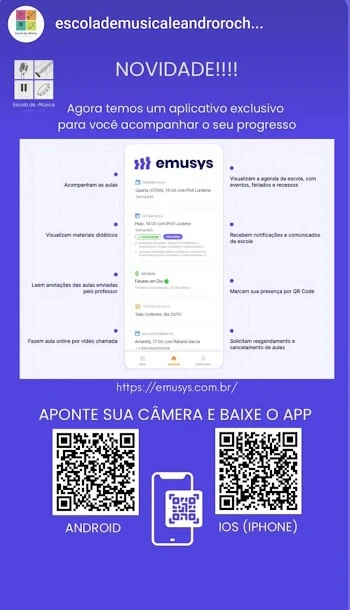 Story de escola de música divulgando o app da Emusys para os alunos