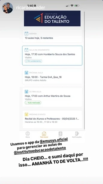 Story de escola de música divulgando o app da Emusys para os alunos