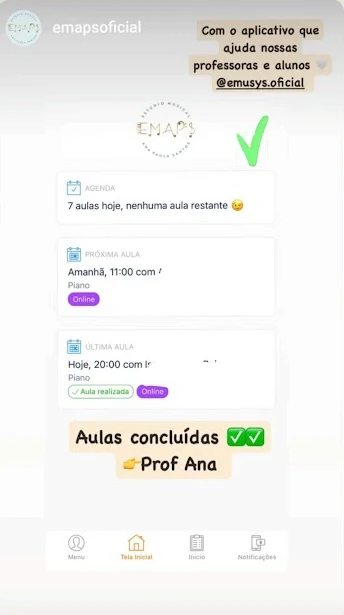 Story de escola de música divulgando o app da Emusys para os alunos